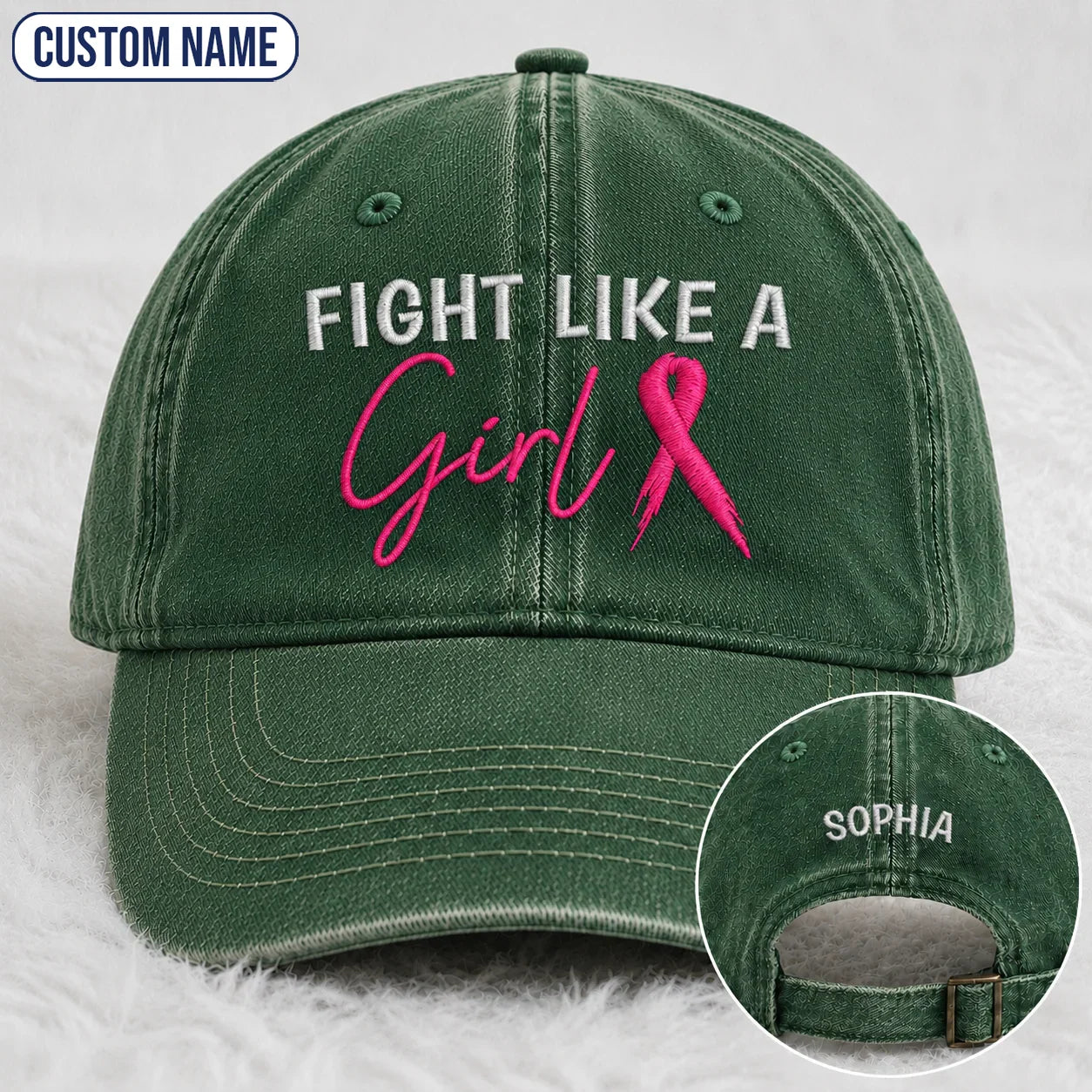 Personalized Fight Like A Girl Pink Ribbon Embroidered Washed Cap, Awareness Gift