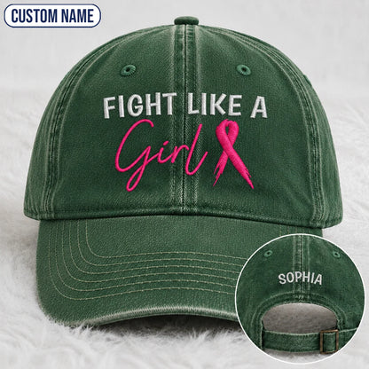 Personalized Fight Like A Girl Pink Ribbon Embroidered Washed Cap, Awareness Gift