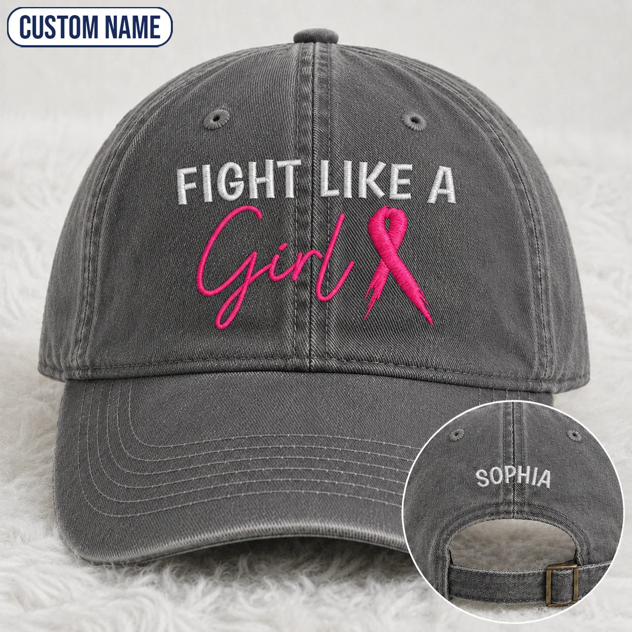 Personalized Fight Like A Girl Pink Ribbon Embroidered Washed Cap, Awareness Gift