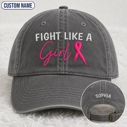 Personalized Fight Like A Girl Pink Ribbon Embroidered Washed Cap, Awareness Gift