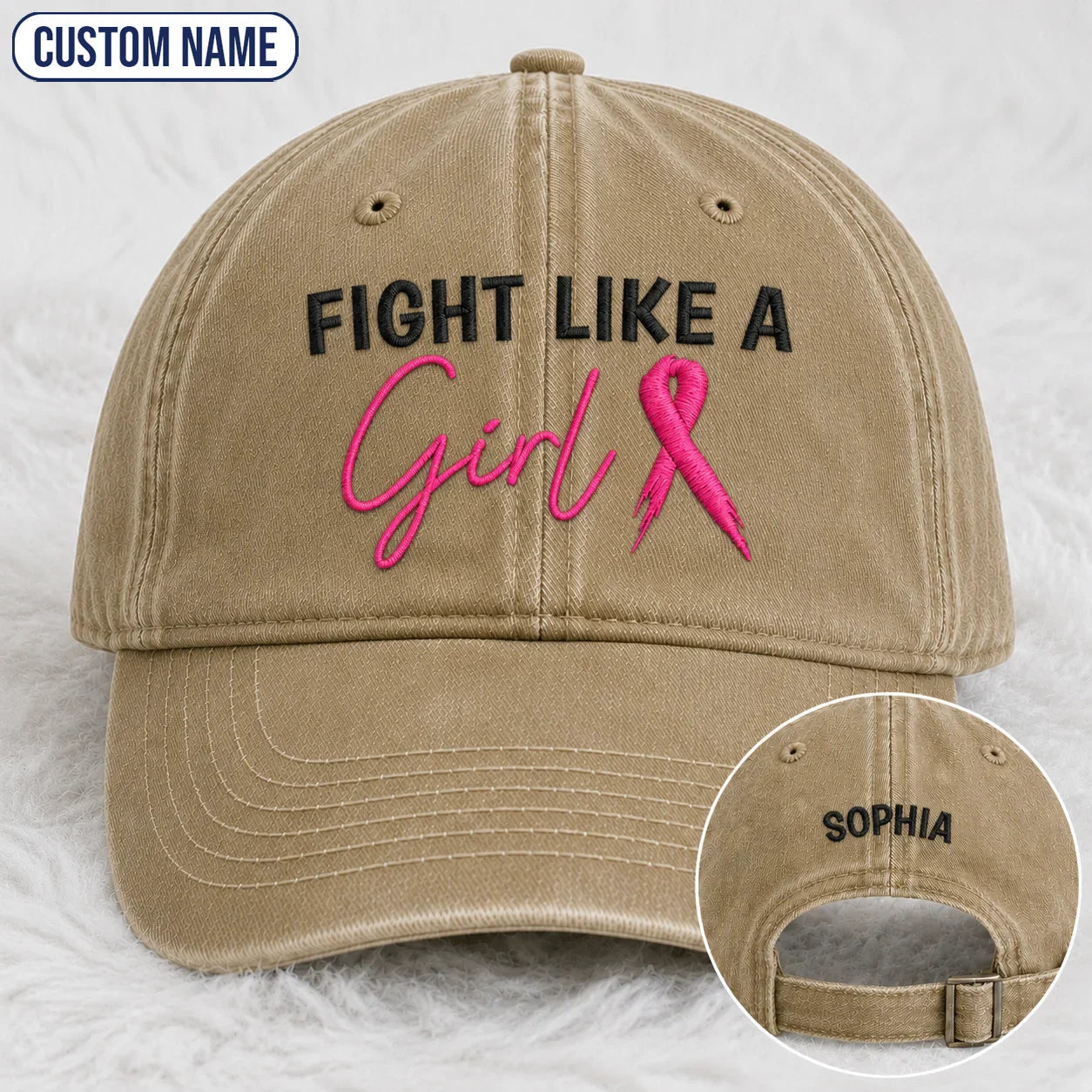 Personalized Fight Like A Girl Pink Ribbon Embroidered Washed Cap, Awareness Gift