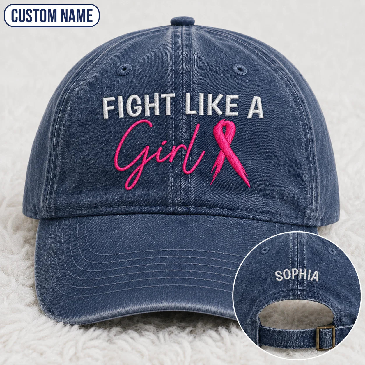 Personalized Fight Like A Girl Pink Ribbon Embroidered Washed Cap, Awareness Gift
