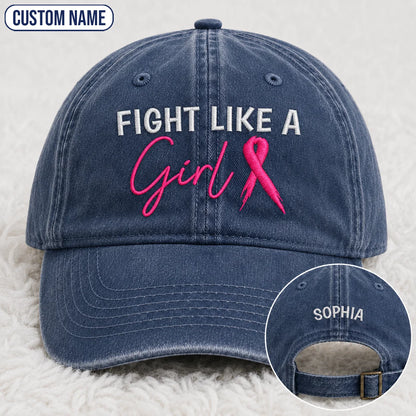 Personalized Fight Like A Girl Pink Ribbon Embroidered Washed Cap, Awareness Gift