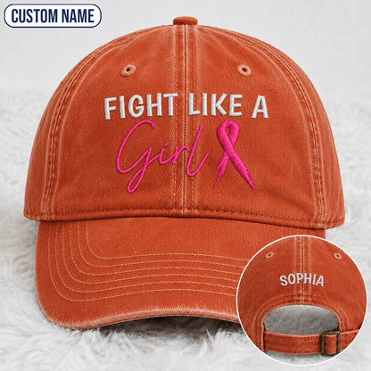 Personalized Fight Like A Girl Pink Ribbon Embroidered Washed Cap, Awareness Gift