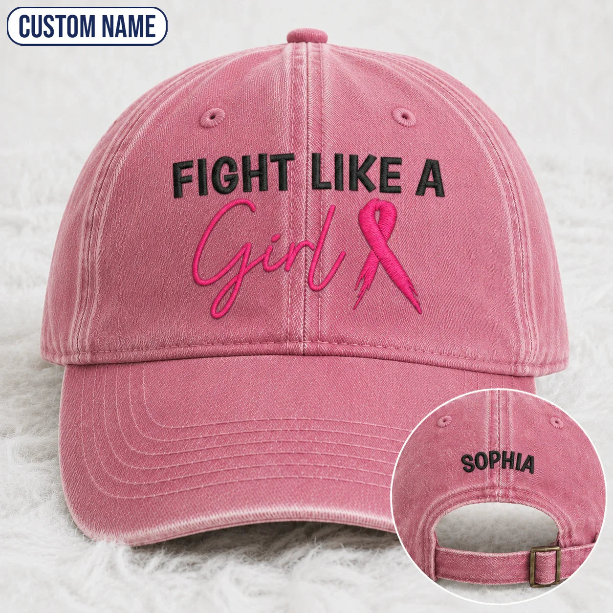 Personalized Fight Like A Girl Pink Ribbon Embroidered Washed Cap, Awareness Gift