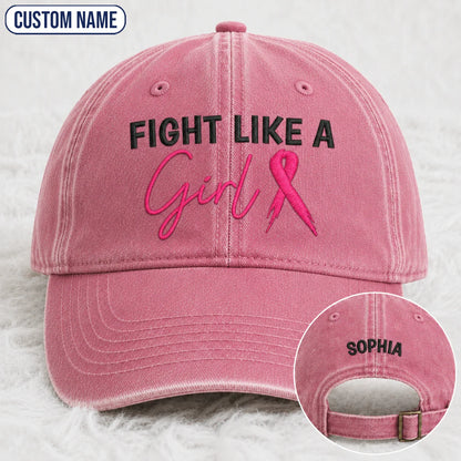 Personalized Fight Like A Girl Pink Ribbon Embroidered Washed Cap, Awareness Gift