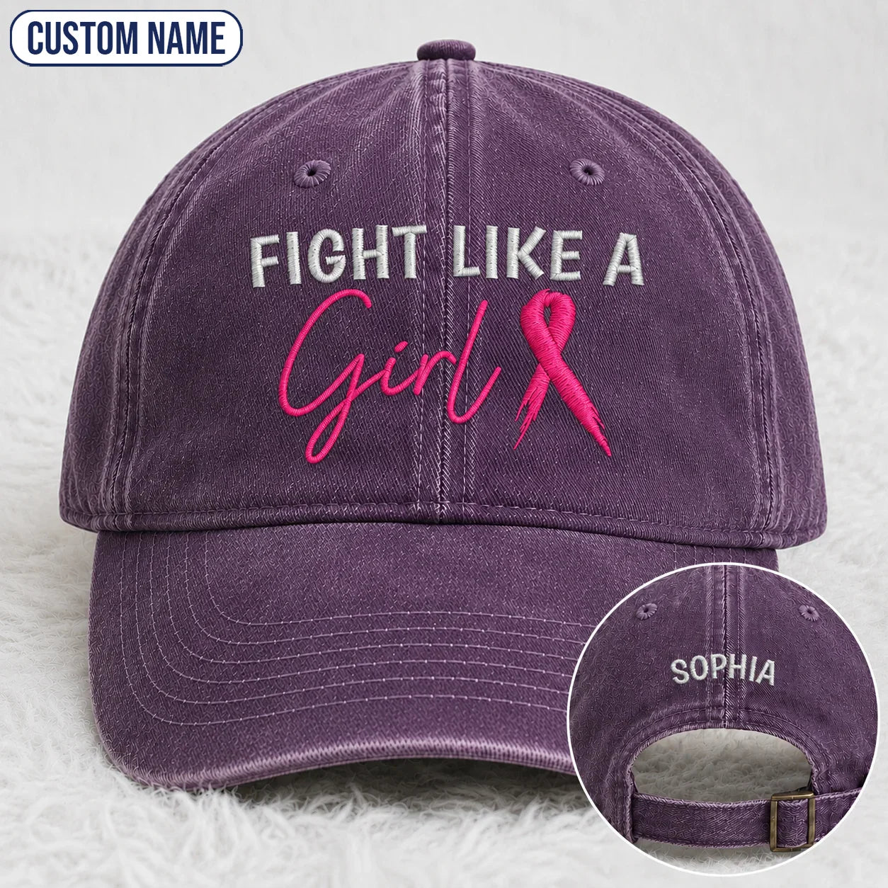 Personalized Fight Like A Girl Pink Ribbon Embroidered Washed Cap, Awareness Gift