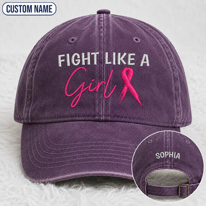 Personalized Fight Like A Girl Pink Ribbon Embroidered Washed Cap, Awareness Gift