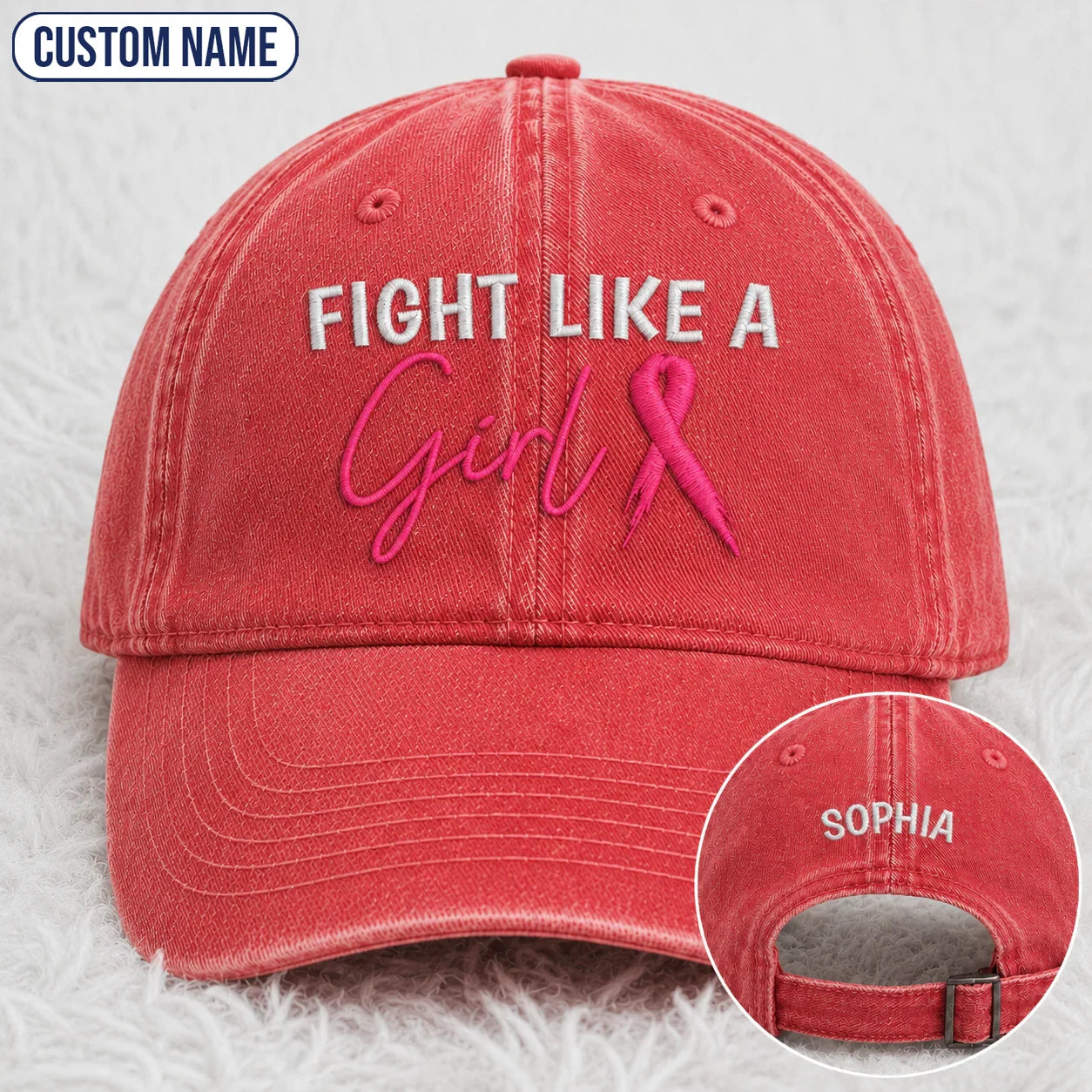 Personalized Fight Like A Girl Pink Ribbon Embroidered Washed Cap, Awareness Gift