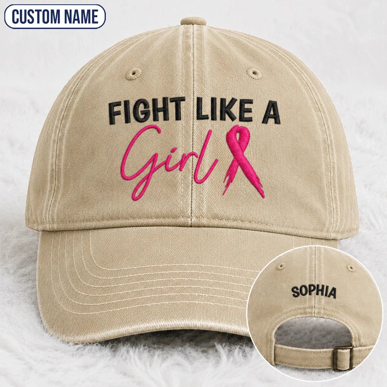 Personalized Fight Like A Girl Pink Ribbon Embroidered Washed Cap, Awareness Gift