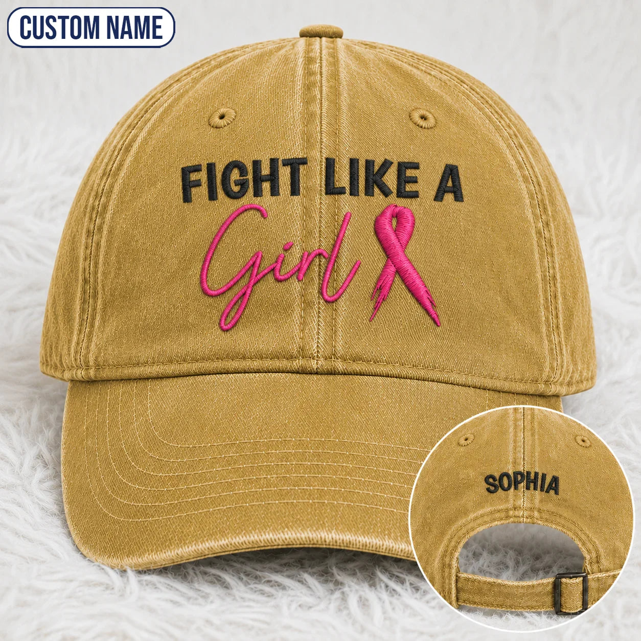 Personalized Fight Like A Girl Pink Ribbon Embroidered Washed Cap, Awareness Gift