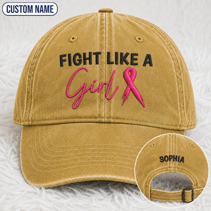 Personalized Fight Like A Girl Pink Ribbon Embroidered Washed Cap, Awareness Gift
