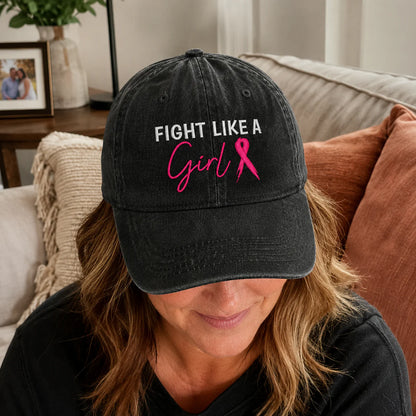 Personalized Fight Like A Girl Pink Ribbon Embroidered Washed Cap, Awareness Gift