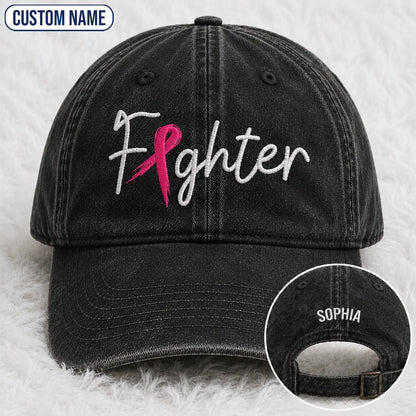 Personalized Fighter Pink Ribbon Embroidered Washed Cap, Awareness Gift