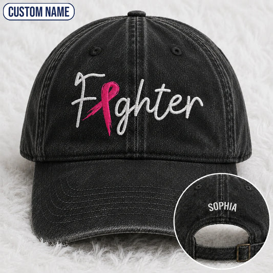 Personalized Fighter Pink Ribbon Embroidered Washed Cap, Awareness Gift