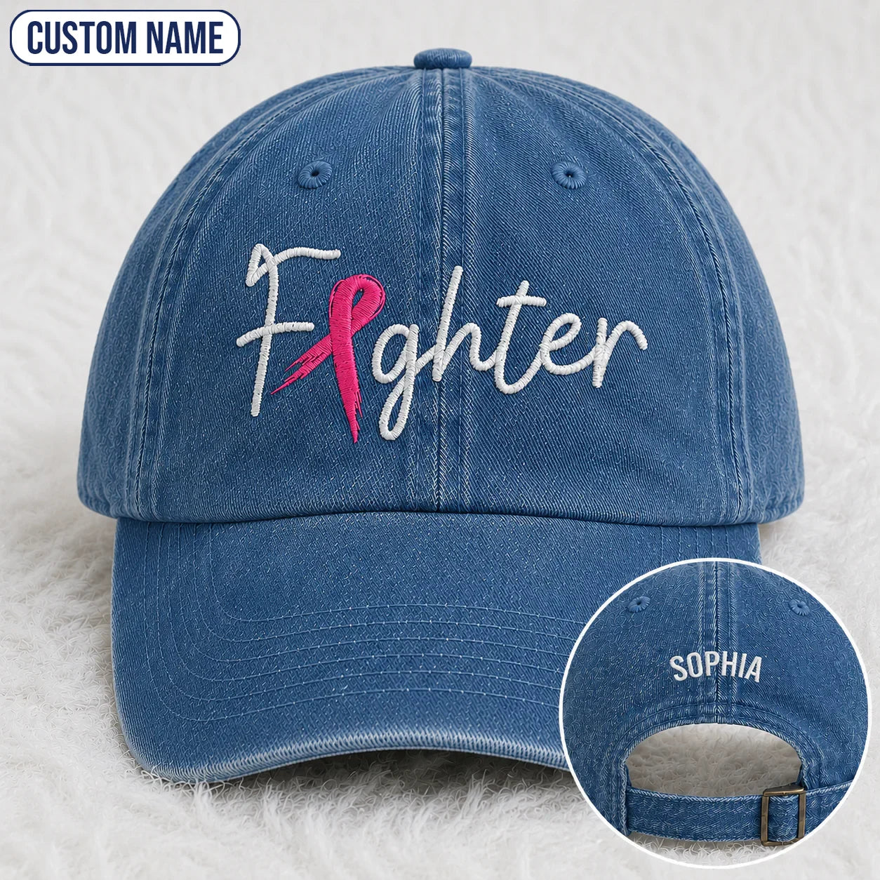 Personalized Fighter Pink Ribbon Embroidered Washed Cap, Awareness Gift