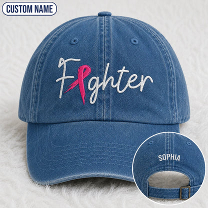 Personalized Fighter Pink Ribbon Embroidered Washed Cap, Awareness Gift