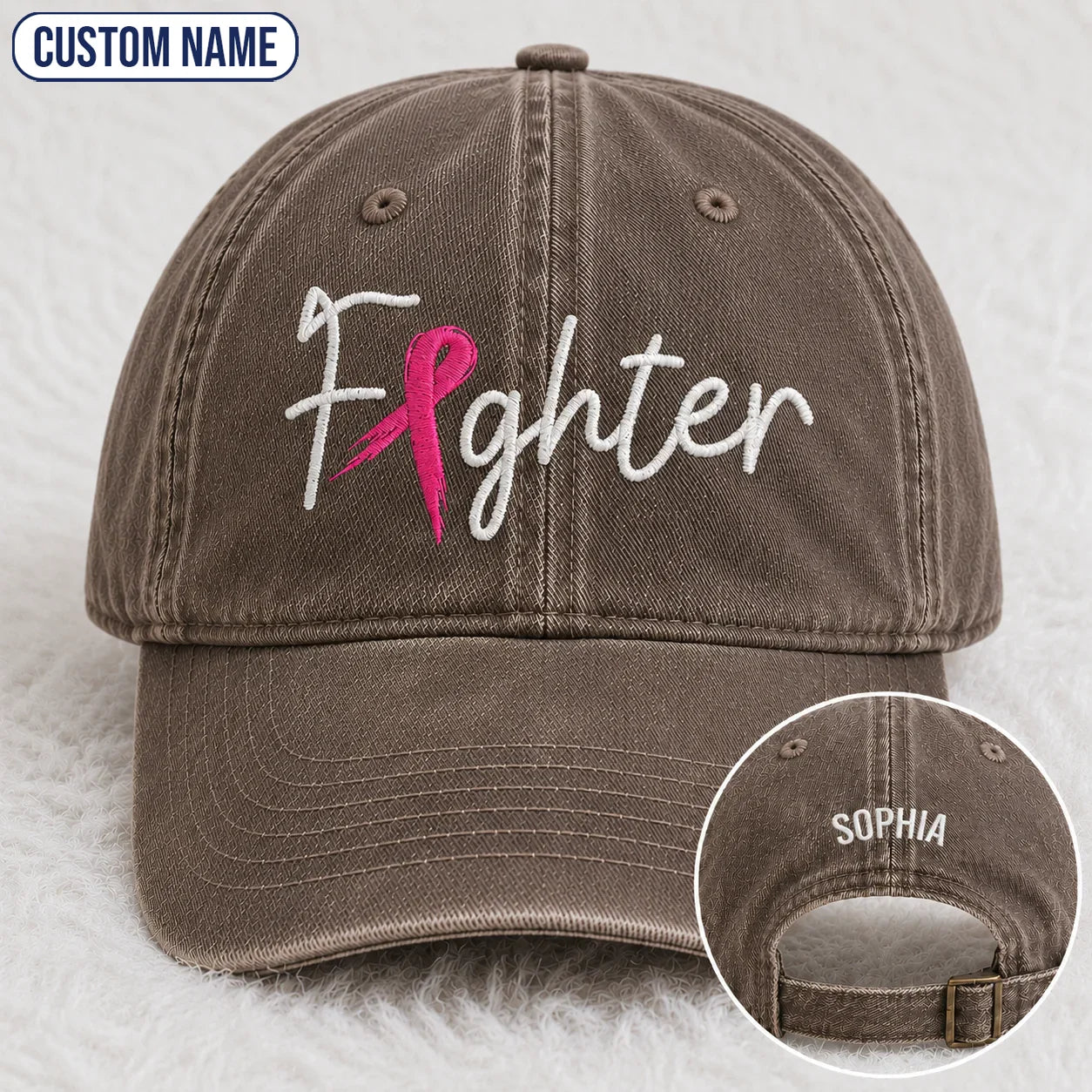 Personalized Fighter Pink Ribbon Embroidered Washed Cap, Awareness Gift