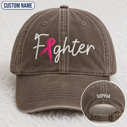 Personalized Fighter Pink Ribbon Embroidered Washed Cap, Awareness Gift