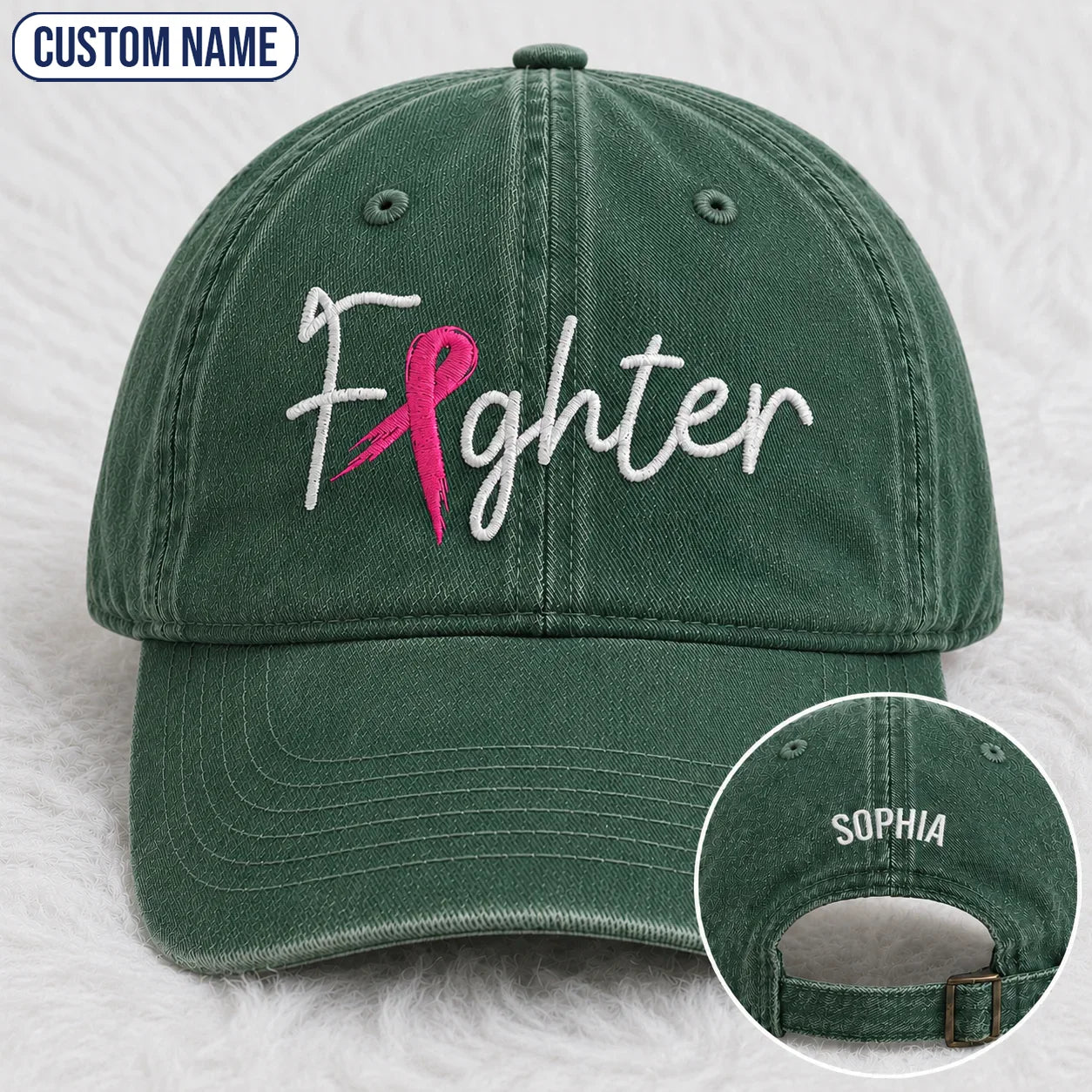Personalized Fighter Pink Ribbon Embroidered Washed Cap, Awareness Gift