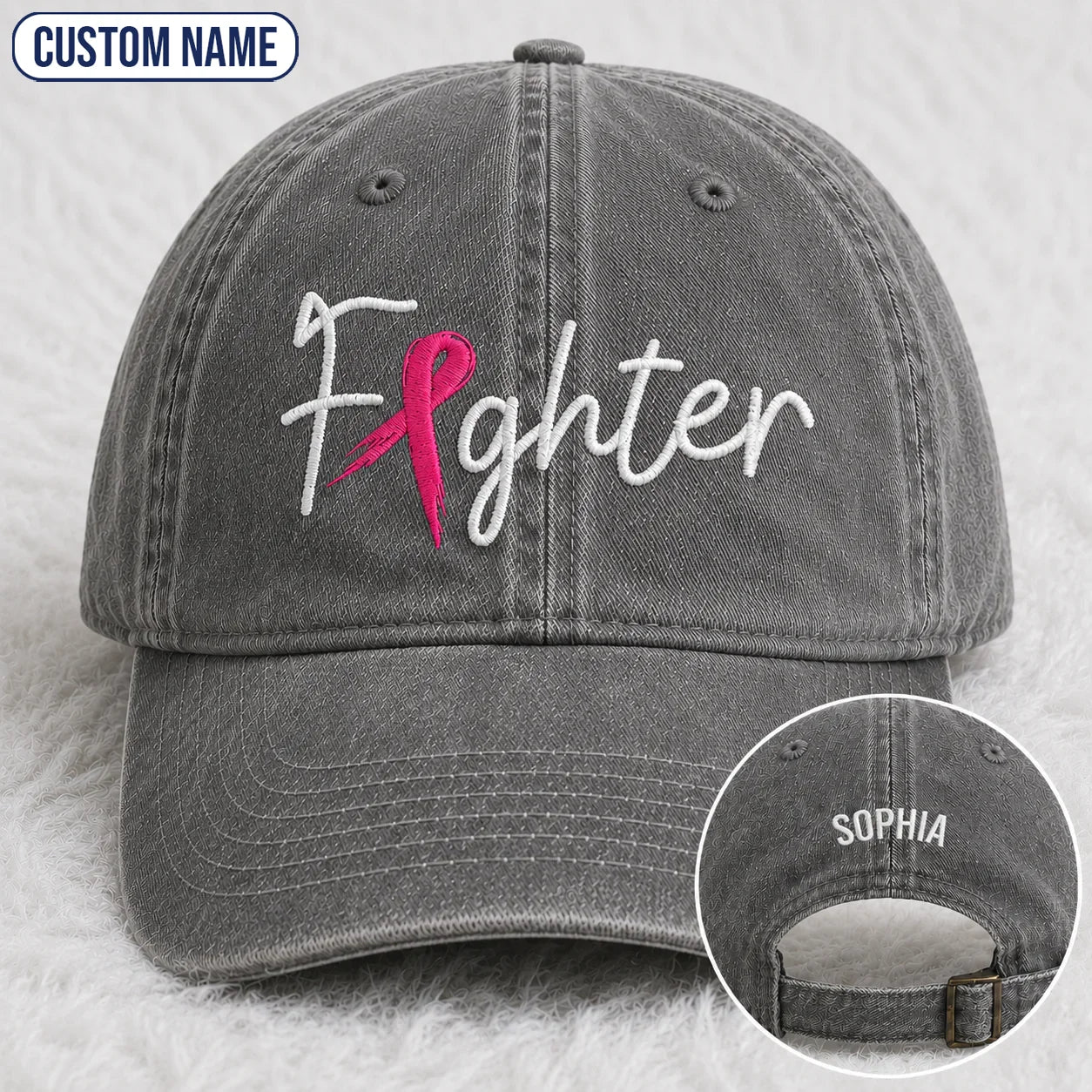 Personalized Fighter Pink Ribbon Embroidered Washed Cap, Awareness Gift