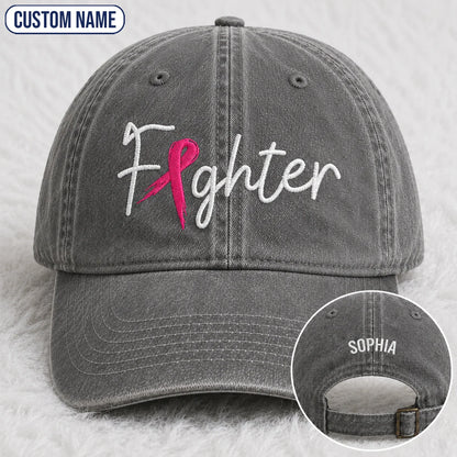 Personalized Fighter Pink Ribbon Embroidered Washed Cap, Awareness Gift