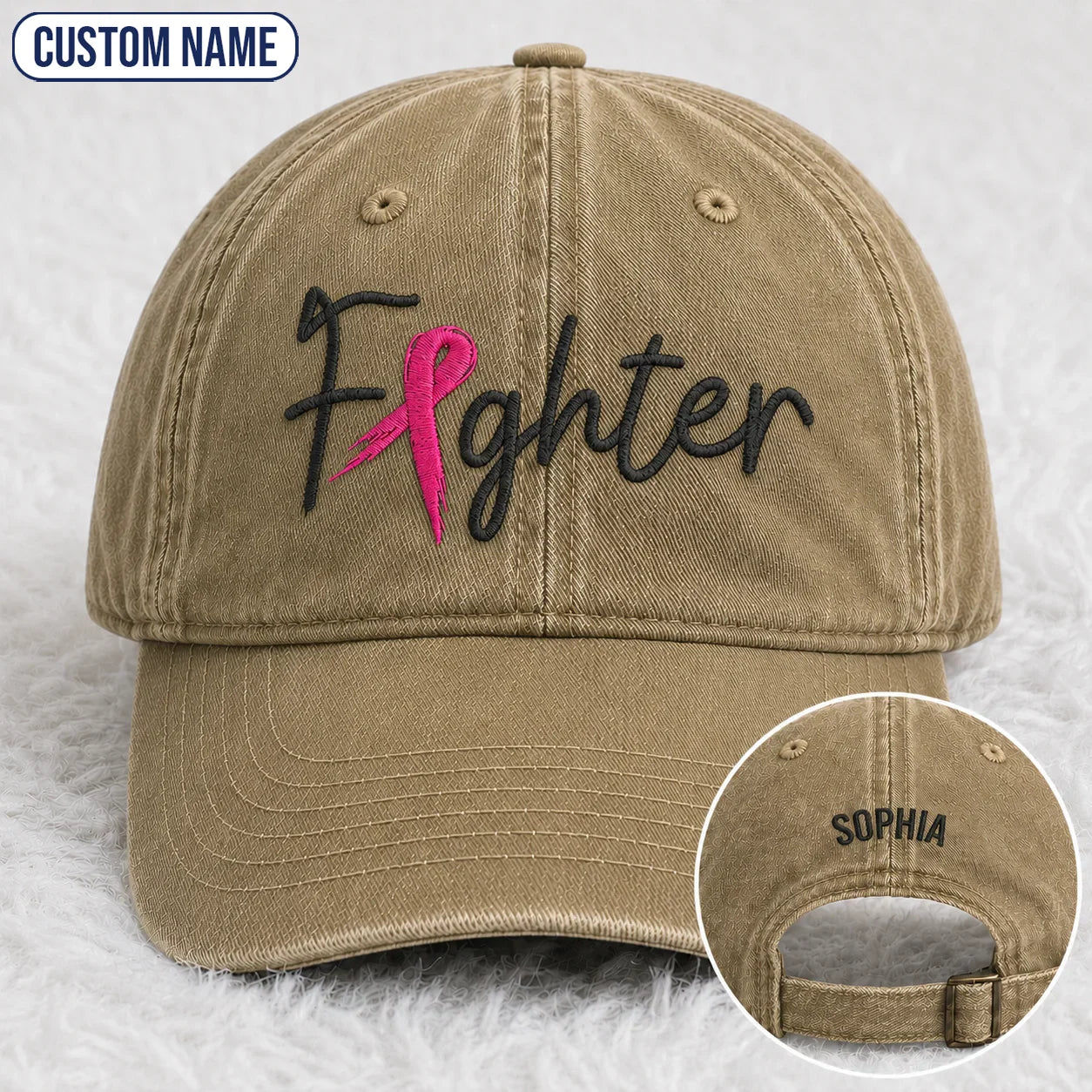 Personalized Fighter Pink Ribbon Embroidered Washed Cap, Awareness Gift