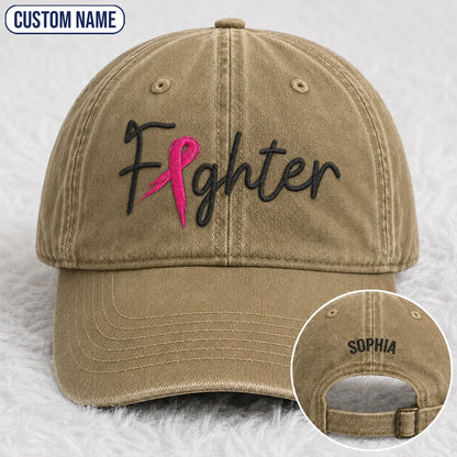 Personalized Fighter Pink Ribbon Embroidered Washed Cap, Awareness Gift