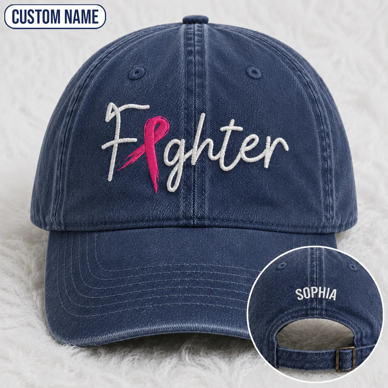 Personalized Fighter Pink Ribbon Embroidered Washed Cap, Awareness Gift