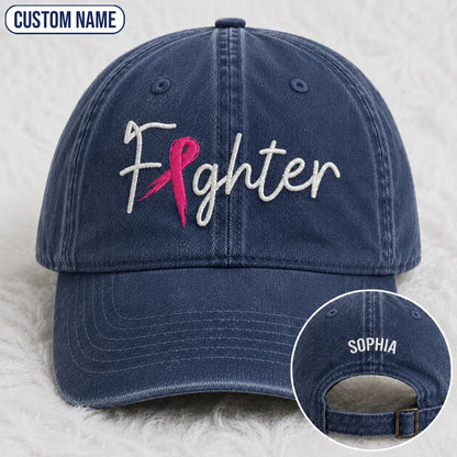 Personalized Fighter Pink Ribbon Embroidered Washed Cap, Awareness Gift