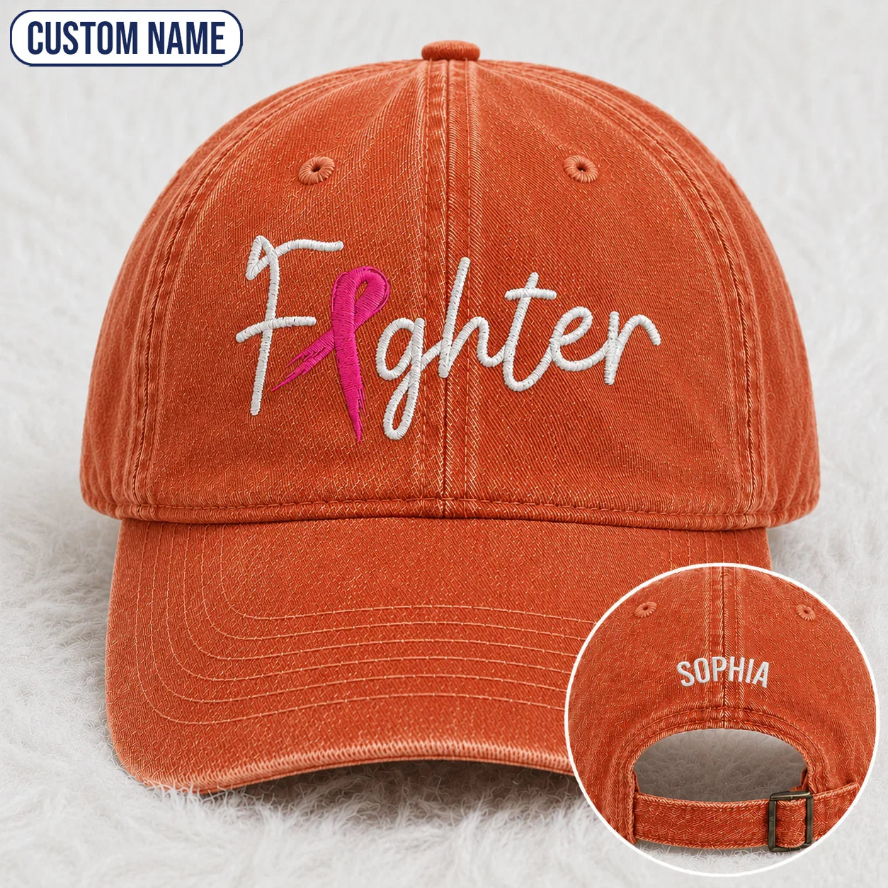 Personalized Fighter Pink Ribbon Embroidered Washed Cap, Awareness Gift
