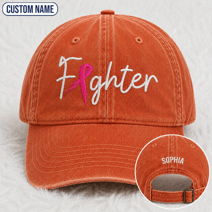 Personalized Fighter Pink Ribbon Embroidered Washed Cap, Awareness Gift
