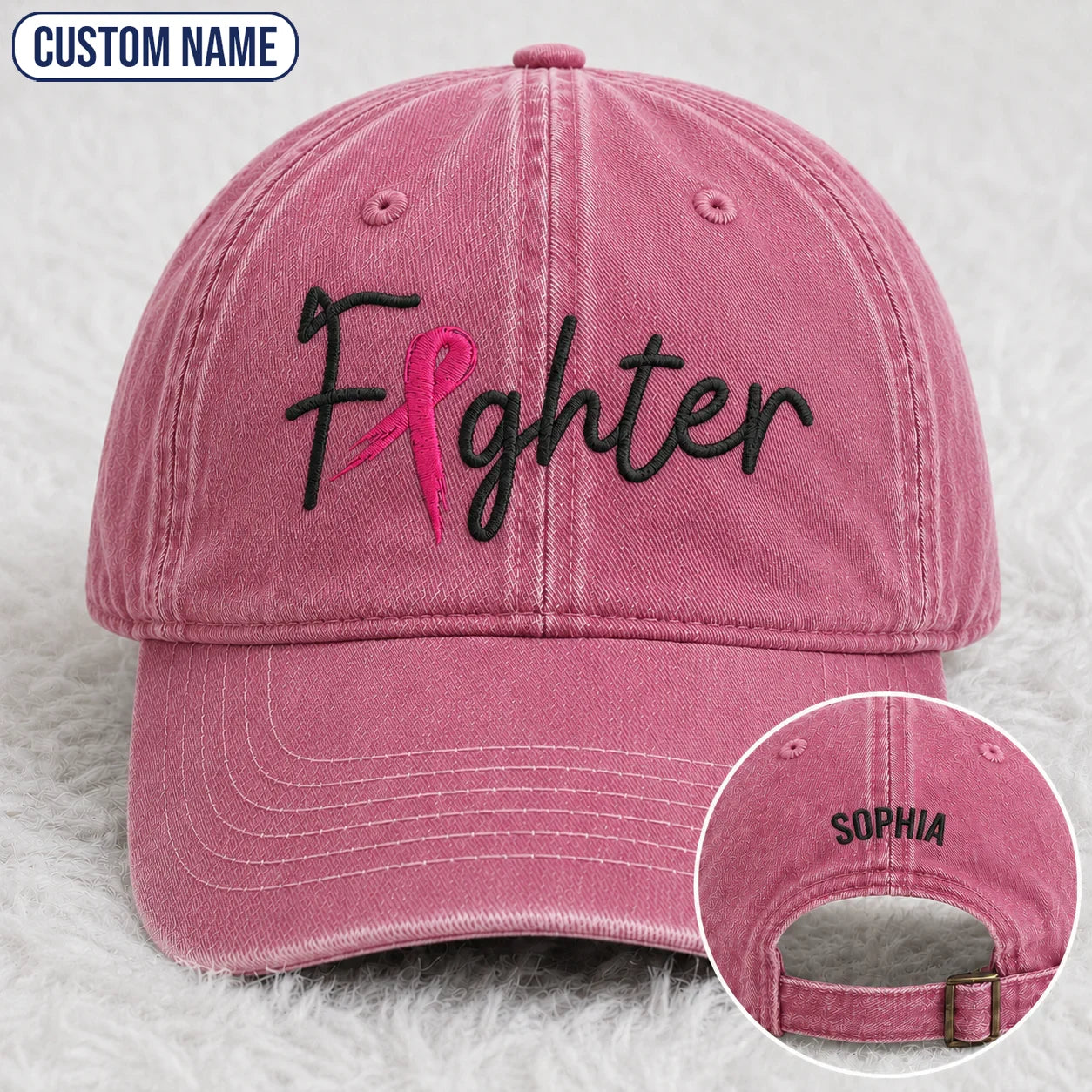 Personalized Fighter Pink Ribbon Embroidered Washed Cap, Awareness Gift