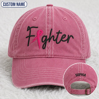 Personalized Fighter Pink Ribbon Embroidered Washed Cap, Awareness Gift