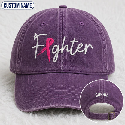 Personalized Fighter Pink Ribbon Embroidered Washed Cap, Awareness Gift