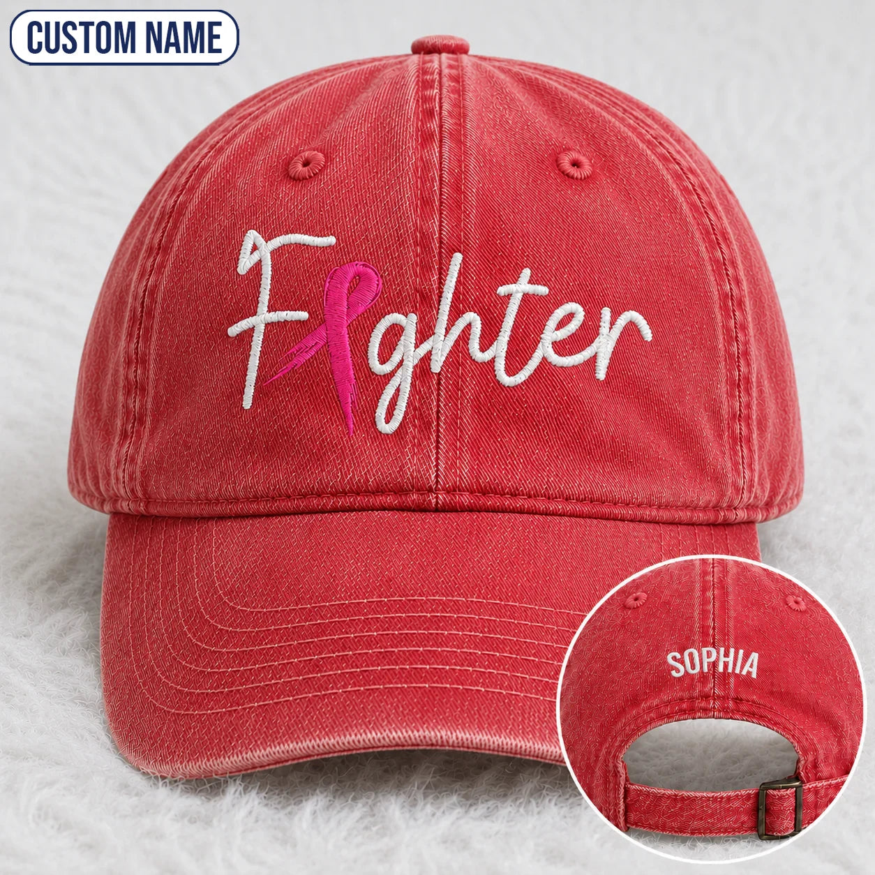 Personalized Fighter Pink Ribbon Embroidered Washed Cap, Awareness Gift