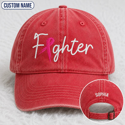 Personalized Fighter Pink Ribbon Embroidered Washed Cap, Awareness Gift