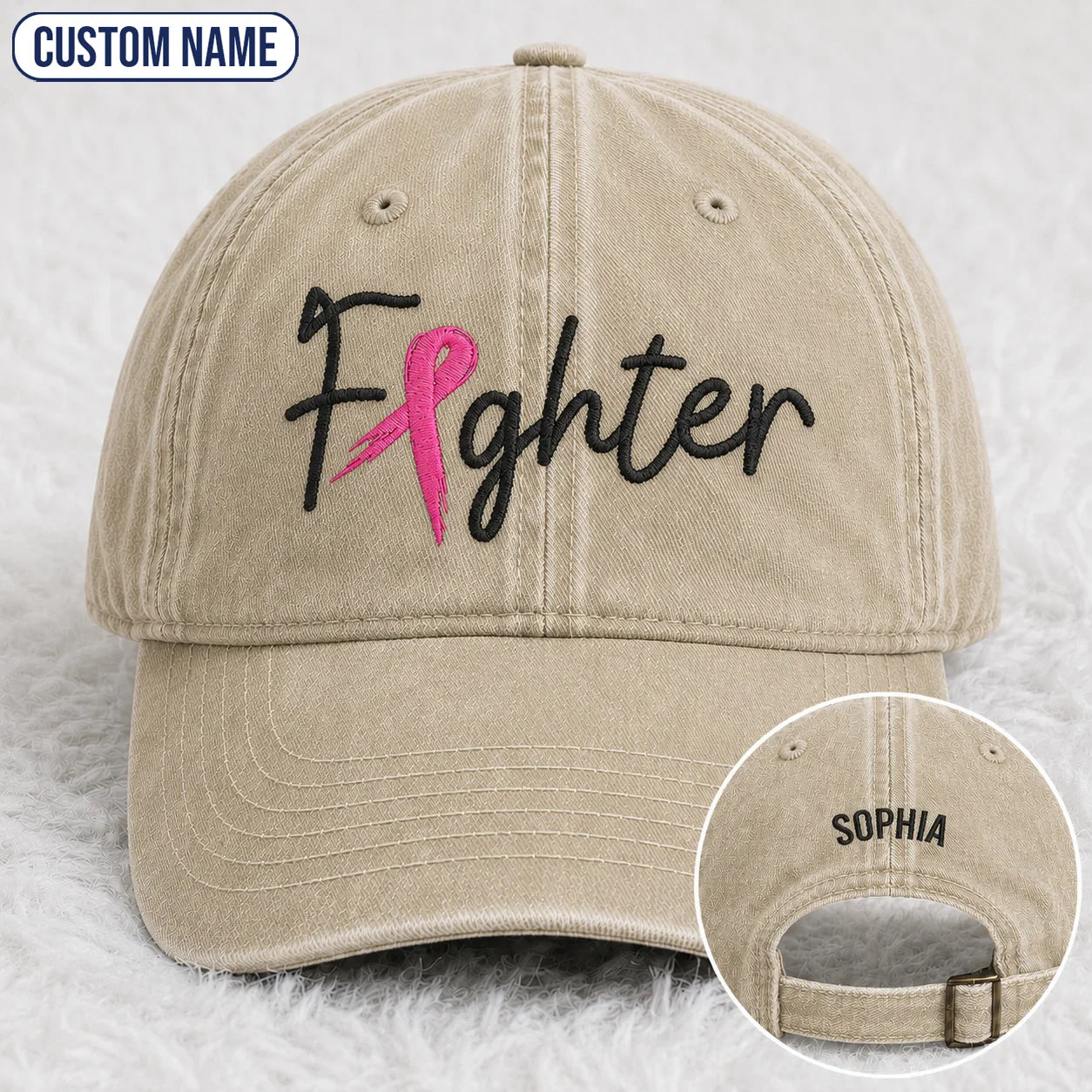 Personalized Fighter Pink Ribbon Embroidered Washed Cap, Awareness Gift