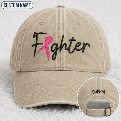 Personalized Fighter Pink Ribbon Embroidered Washed Cap, Awareness Gift