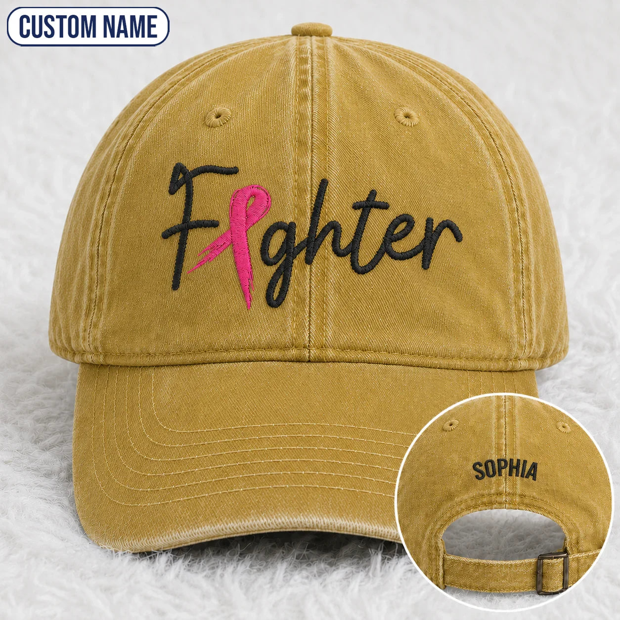 Personalized Fighter Pink Ribbon Embroidered Washed Cap, Awareness Gift