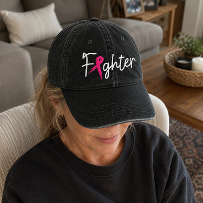 Personalized Fighter Pink Ribbon Embroidered Washed Cap, Awareness Gift