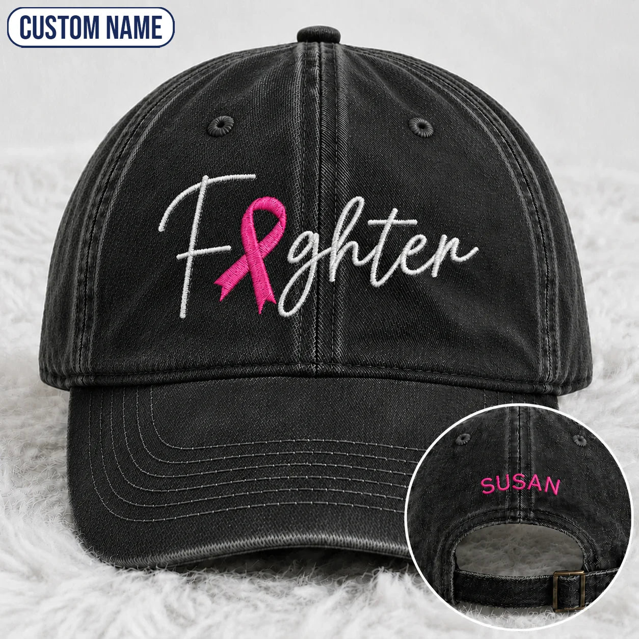 Personalized Fighter Pink Ribbon Embroidered Washed Cap V2, Awareness Gift