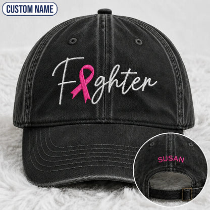 Personalized Fighter Pink Ribbon Embroidered Washed Cap V2, Awareness Gift
