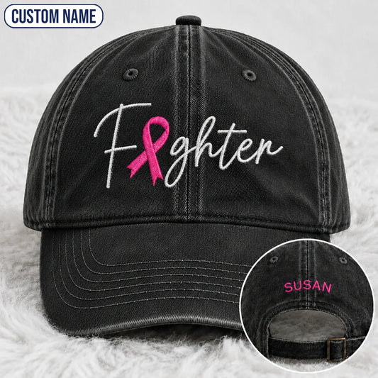 Personalized Fighter Pink Ribbon Embroidered Washed Cap V2, Awareness Gift