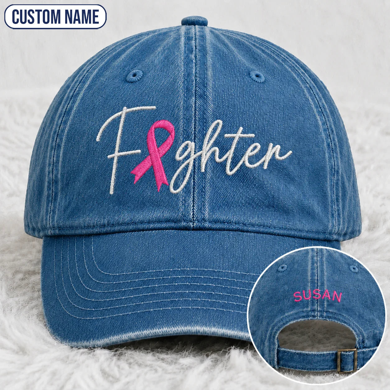 Personalized Fighter Pink Ribbon Embroidered Washed Cap V2, Awareness Gift