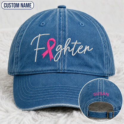 Personalized Fighter Pink Ribbon Embroidered Washed Cap V2, Awareness Gift