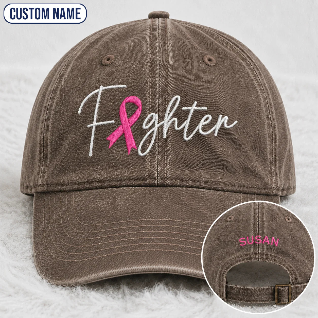 Personalized Fighter Pink Ribbon Embroidered Washed Cap V2, Awareness Gift