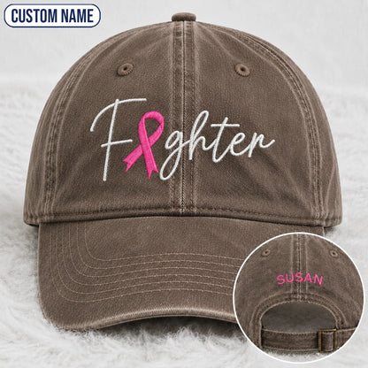 Personalized Fighter Pink Ribbon Embroidered Washed Cap V2, Awareness Gift