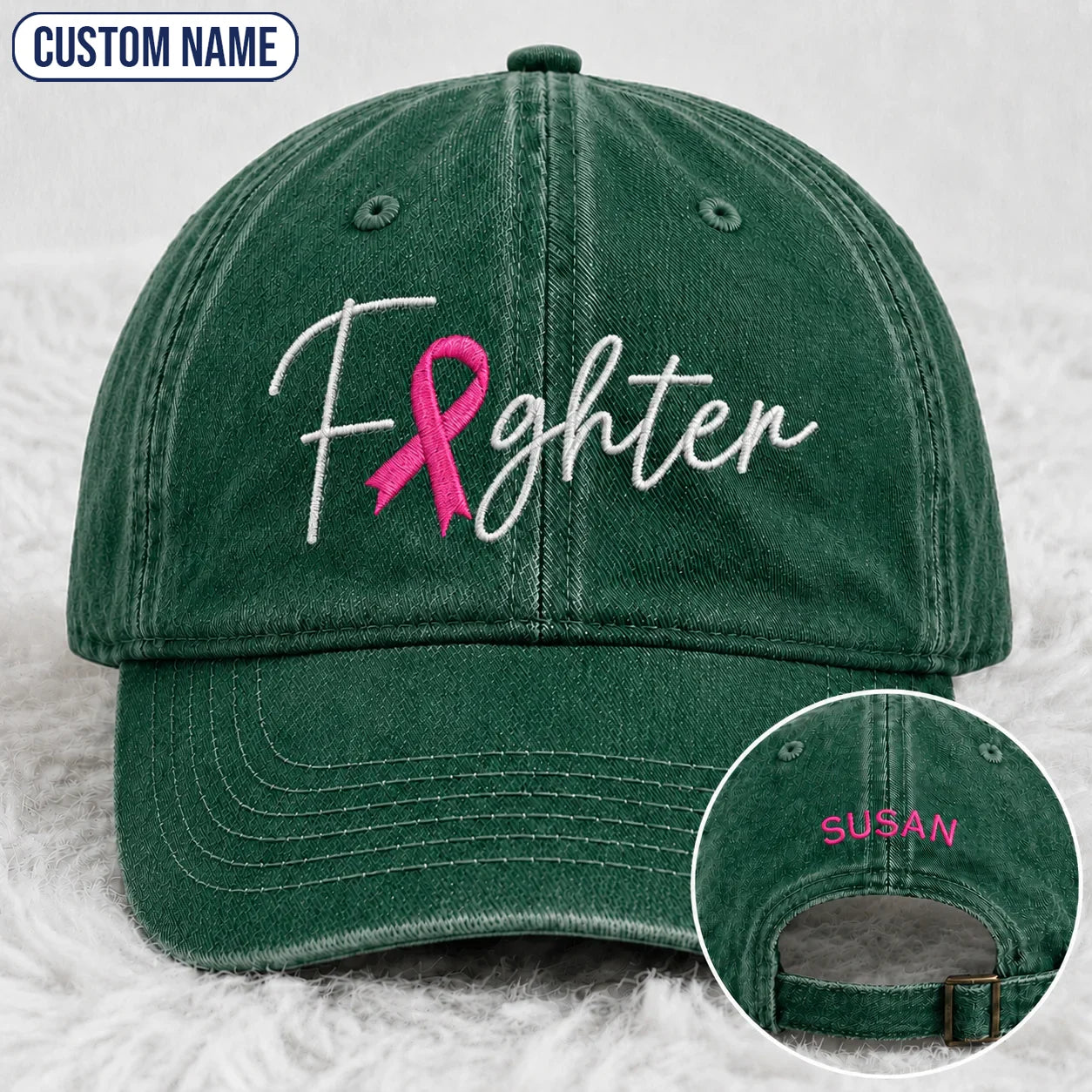 Personalized Fighter Pink Ribbon Embroidered Washed Cap V2, Awareness Gift