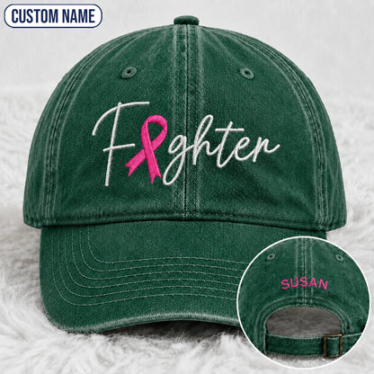 Personalized Fighter Pink Ribbon Embroidered Washed Cap V2, Awareness Gift